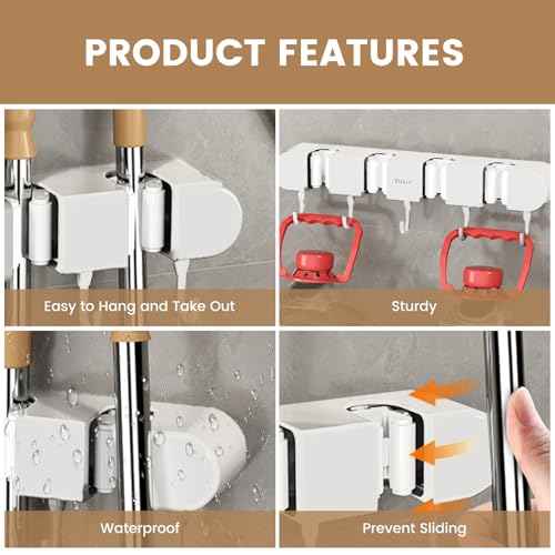 6PCS 4 Racks and 5 Hook Broom Mop Holder with Hooks Wall Mounted Broom Storage Rack No Drilling Self-Adhesive Mop Broom Organizer Mop Holder Hanger for Bathroom Office Kitchen Closet Garage,White