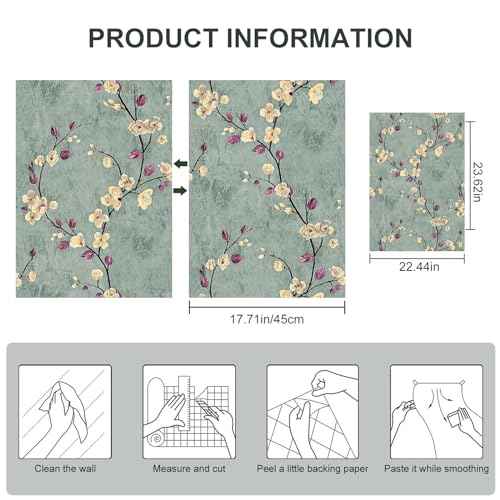 SOON AFTER 17.5¡±x120¡± Floral Peel and Stick Wallpaper Flower Tree Contact Paper Self Adhesive Removable Modern Sage Green Wall Paper Decorative Wall Covering Countertop Vinyl Film Roll