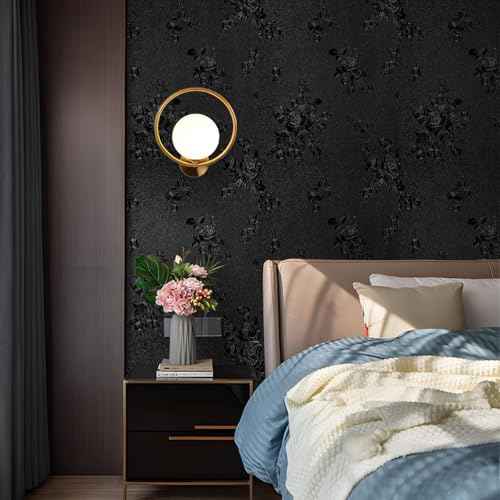 Black Peel and Stick Wallpaper Floral Black Wallpaper 17.7inch x 118.1inch Embossed Flower Contact Paper Peel and Stick Textured Self Adhesive Removable Wall Paper Floral Vinyl for Cabinets