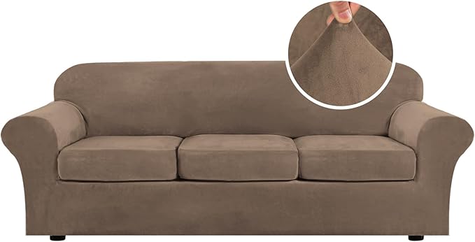 H.VERSAILTEX High Stretch Sofa Slipcover 4 Piece Cover Velvet Furniture Protector Form Fit Thick Velvet Extra Large Sofa Cover for 3 Cushion Couch Width Up to 97 Inch (Large Sofa, Mocha)
