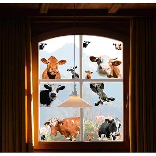 Funny Cow Wall Stickers, Cute Animal Cattle Vinyl Window Decals, Removable Farm Cow DIY Wall Art for Farmhouse Window Kids Bedroom Decor