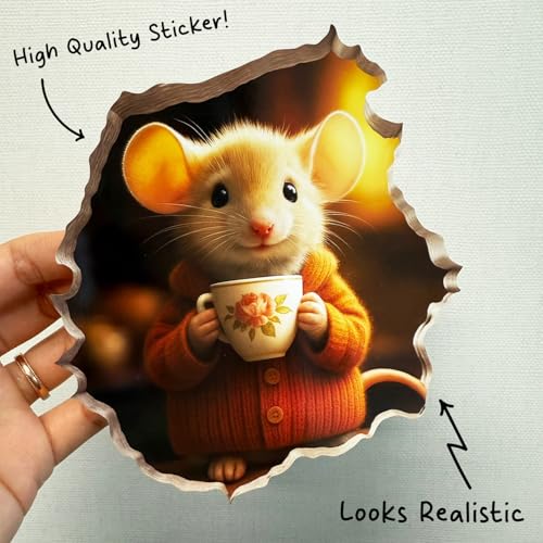 GRITKULTURE Removable Mouse Having Coffee in Mouse Hole Decal Sticker 5.1inch 2 Pack. Mouse Hole in The Wall Sticker with 3D Effect. Wall Decoration, Funny Gift, Potty Training, Prank (#4)