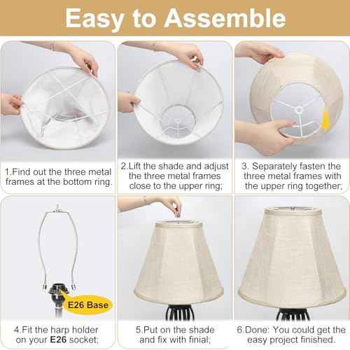 Lamp Shades Set of 2, Champagne Beige Bell Lamp Shades 6" x 13" x 10"High, Medium Shade Replacement Fabric Natural Linen Hand Crafted(Spider Fitter), Harp Holders Included, Easy Assembly Required