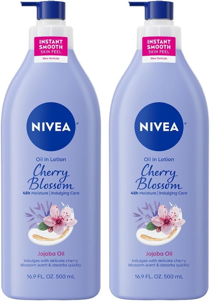 NIVEA Oil Infused Cherry Blossom and Jojoba Oil Body Lotion for Women, Fast-Absorbing and Non-Greasy Cherry Blossom Scented Lotion Moisturizes for 48 Hours, 16.9 Fl Oz Pump Bottle (Pack of 2)