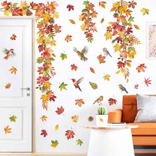 decalmile Autumn Maple Leaves Wall Decals Fall Hanging Vine Birds Wall Stickers Bedroom Living Room Sofa TV Background Wall Decor