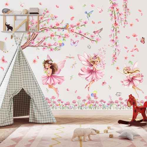 Pink Fairy Garden Wall Decals with Cherry Blossom Tree Floral Wall Stickers Peel and Stick Butterflies Birds DIY Wall Art for Girls Bedroom Baby Nursery Kids Room