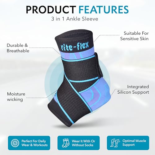 3-in-1 Ankle Compression Sleeve with Silicone Heel Pad - Ankle Brace for Sprains, Foot Fatigue, Post Surgery, Plantar Fasciitis Relief & Support (1, Medium)