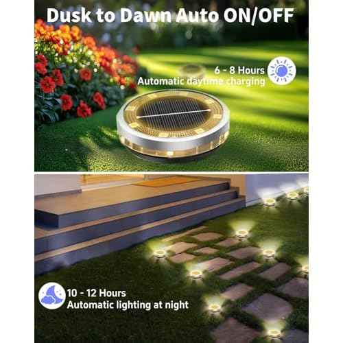 Solar Ground Lights Outdoor 18 Pack Waterproof, Upgraded Solar Garden Lights with 4 Side Light, Stainless Steel Solar Powered Disc Landscape Light for Walkway Lawn Yard Patio Deck-Warm White