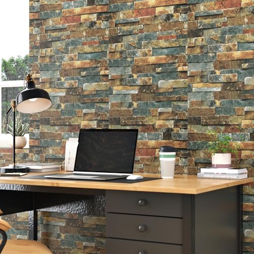 Wallercity Vintage Faux Blue/Brown Wallpaper Peel and Stick Wallpaper Waterproof Self-Adhesive Stone Wallpapers 3D Rock Textured Contact Paper for Kitchen Backsplash Living Room Bedroom 15.8''x78.7''