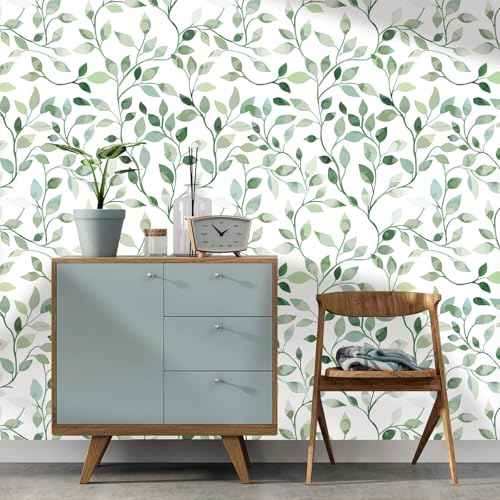Modern Blue and Sage Green Leaf Peel and Stick Wallpaper Botanical Design Removable Self Adhesive Vinyl Contact Paper for Bathroom Waterproof Cabinets and Farmhouse Wallpaper 17.7" x 70.8"