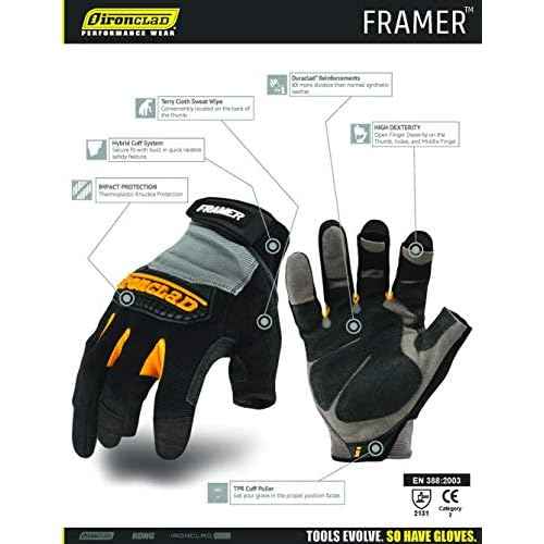 Ironclad Framer; Carpenter Work Gloves, Open Finger Dexterity, Performance Fit, Durable, Machine Washable, (1 Pair), FUG-02-S,Grey/Black