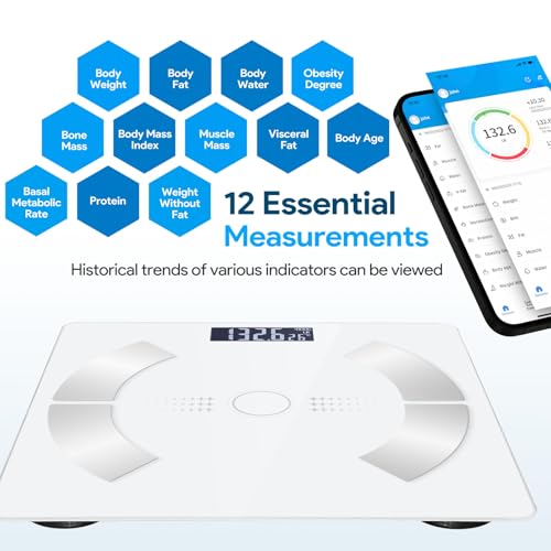 Accurate LED Display Bathroom Scale with Mobile App for Body Composition Analysis, Smart Digital Body Fat Scale (White)