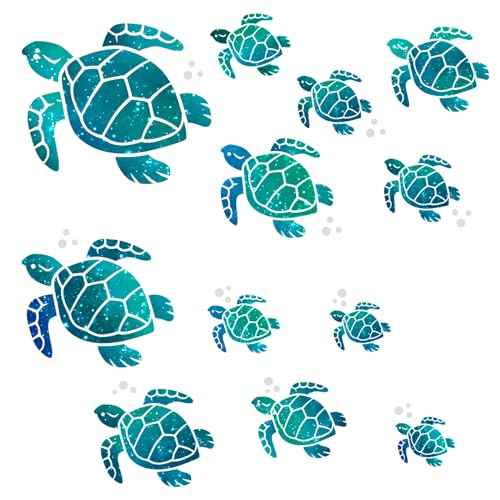 12PCS Sea Turtle Wall Decals Decor, Ocean Turtles Vinyl Stickers 12 Sizes Ocean Bathroom Decor Turtle Stickers for Bathroom Decal Waterproof Wall Sticker Decoration for Home Office Nursery(Blue Green)