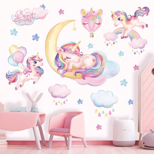 wondever Rainbow Unicorn Wall Stickers Sleeping Unicorn Balloons Sweet Dream Moon Wall Art Decals for Girls Room Baby Nursery Kids Bedroom