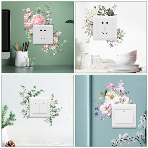 4 PCS Removable Fresh Plants Flower Switch Stickers Peony Rose Leaf Light Switch Decal Socket Decor Light Switch Cover for Kids Girls Bedroom Living Room Nursery Bathroom (A)