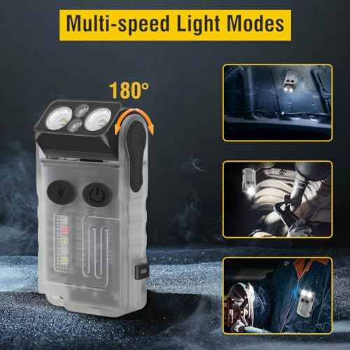Boruit V20 Small Powerful Flashlight Super Bright with 365nm UV, Red Blue Green Warm Light, 180¡Æ Swivels, 110dB Buzzer, Mini Keychain Pocket Rechargeable LED Flashlights Usb EDC Clip Flash Light White
