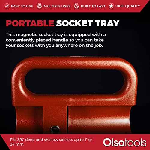 Olsa Tools Magnetic Portable Socket Organizer Tray - 3/8-Inch Drive - Red Holder for Deep & Shallow Sockets - Fits up to 1" SAE or 24mm Metric - Quality Tool Organizer for Professionals - Part 1076