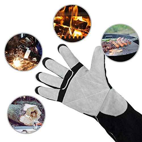 YESWELDER 16 Inches,932¢µ,Leather Forge MIG Welding Gloves, with Kevlar Stitching Heat/Fire Resistant, Palm Reinforcements, Black-Gray