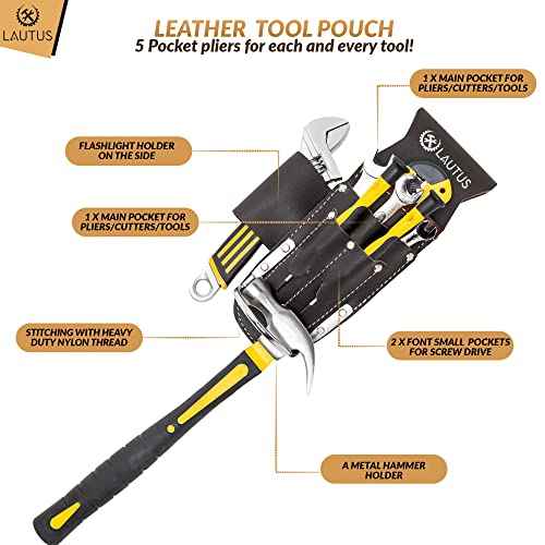 LAUTUS 5 Pockets Pliers & Hammer Holder| Oiled Tanned Leather Holder |Carpenter, Construction, Framers, Handyman| Heavy Duty|