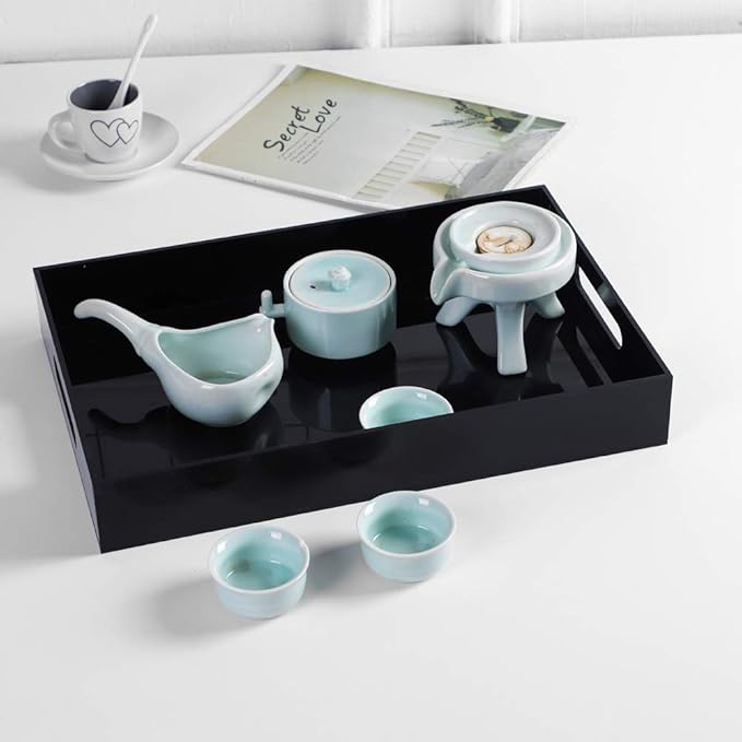 Sooyee Acrylic Serving Tray with Handles,16" x 12" Decorative Tray for Breakfast, Tea, Food, Butler,Coffee,Table Ottoman Vanity Countertop,Black