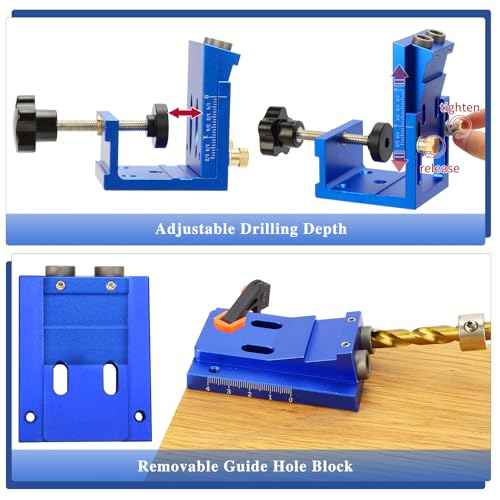 Pocket Hole Jig Kit, Metal Pocket Screw Jig 15 Degree Drilling Locator,Pocket Dowel Hole Jig System Set Wood Joint Angle Tool (Blue)