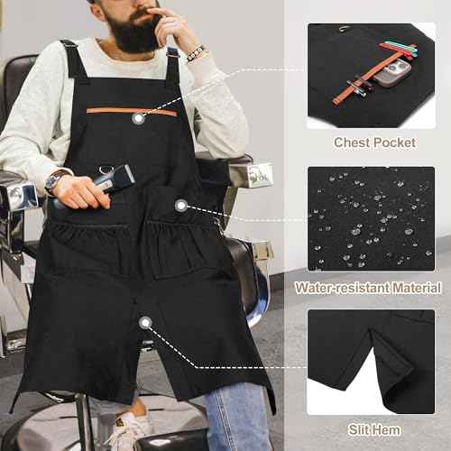 Barber Apron, Men & Women Hair Stylist Apron with Dual Shoulder Straps & Adjustable Buckle, Water-resistant Hair Cutting Smock with Multiple Pockets for Hairdresser, Cosmetology