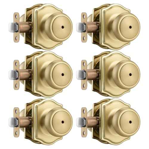 6 Pack Gold Door Knobs with Camelot Trim,Interior Door Knob with Lock,Coastal Privacy Door knob for Bath and Bedroom, Satin Brass