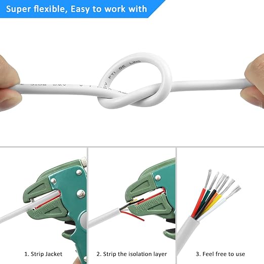 16 Gauge 6 Conductor Electrical Wire, 16.4FT White Stranded Low Voltage 16/6 PVC Case, 16 AWG Tinned Copper 6 Wire Extension Power Cable for Strips LED Lamp Lighting