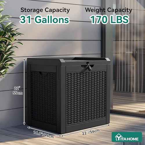 YITAHOME 32 Gallon Outdoor Storage Box, Water Resistant Resin Deck Box, Indoor Outdoor Lockable Storage Container for Patio, Garden, Cushions, Tools, Equipment (Black)