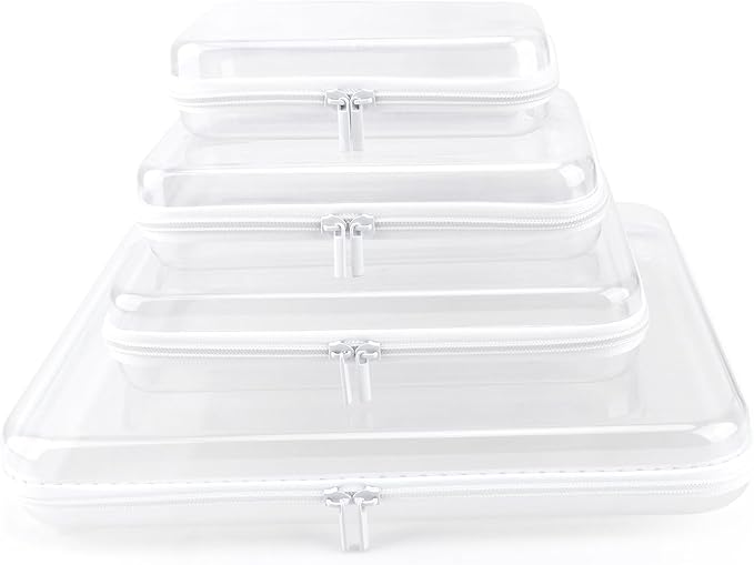 YOPCDJ Clear Hard Shell Zipper Case, Clear Zipper Pouches Waterproof Makeup Organizer & Travel Toiletry Storage Bag, Plastic Pouch for Office, Home, White, 4Pack XL+L+M+S