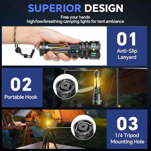 Rechargeable Flashlight High Lumens, 3000 Lumens 5000mAh Super Bright High Lumens Camping Flashlight with 11 Modes,Waterproof,Adjustable LED Multi-Flashlight for Outdoor,Camping,Walking,Tactical