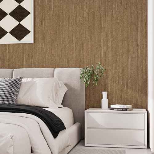VaryPaper Bronze Brown Grasscloth Peel and Stick Wallpaper Textured Contact Paper for Cabinets Waterproof Grass Cloth Linen Wallpaper Self Adhesive Vinyl Paper for Bedroom Accent Walls 15.7''x78.7''