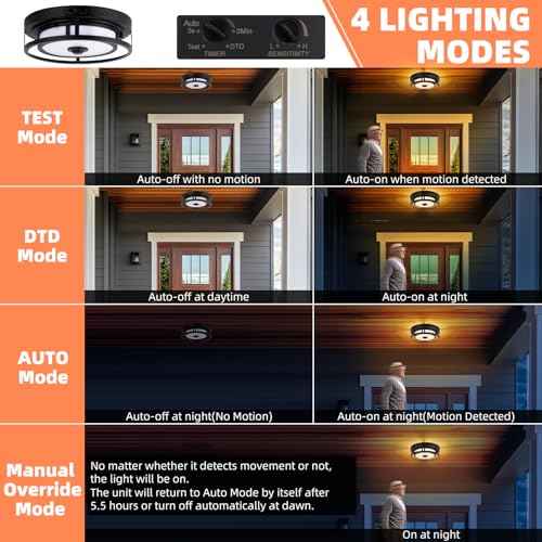 12IN Motion Sensor LED Ceiling Light, Modern Flush Mount Ceiling Light Fixtures, 3CCT 3000-5000K Dusk to Dawn Motion Sensor Outdoor Lights Waterproof for Porch Entryway Garage, Black