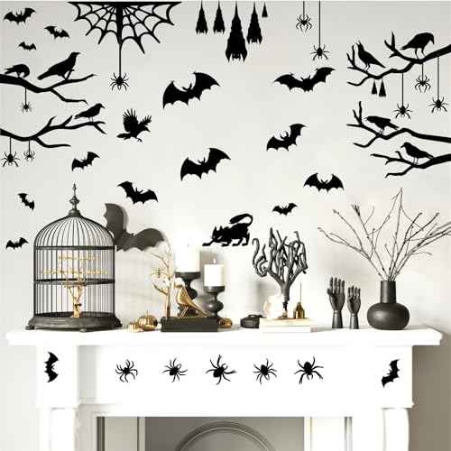 Crow Tree Branch Wall Decals Halloween Vinyl Black Ranven Window Stickers Scary Cat Bat Wall Stickers Spider Crow Halloween Wall Decals Holiday Bat Window Stickers Party Decorations