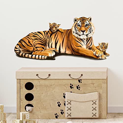 Cute Tiger and Cubs Wall Decal Nursery Jungle Animal Wall Sticker Removable Peel and Stick Waterproof Wall Art Decor Stickers for Kids Baby Classroom Living Room Playing Room Bedroom