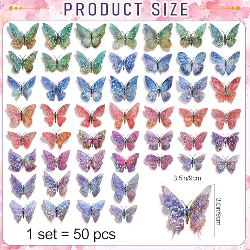 50 PCs Butterfly Wall Decor Cute Fairy Butterflies Wall Stickers 3D Butterflies for Birthday Cake Wedding Party Craft Room Decor Removable DIY Wall Decals sm- (Mixed)