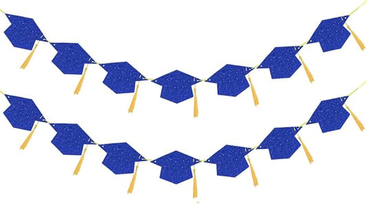 2026 Blue Glitter Graduation Decoration Hats Banners with Tassel Class of 2026 Graduation Banners Garlands for College High School Graduate Party Decorations