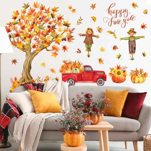 Thanksgiving Fall Wall Decals Autumn Maple Leaves Scarecrow Pumpkin Truck Thanksgiving Removable Sticker Cute Fall Wall Mural Art for Classroom Bedroom Decor
