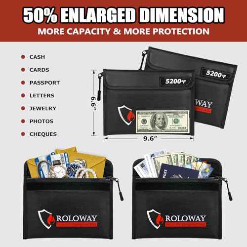 ROLOWAY Fireproof Bag (9.6 x 6.6 inches) 5200¢µ Heat Insulated, Fireproof Money Bag with Zipper for Cash (2-Pack Black)