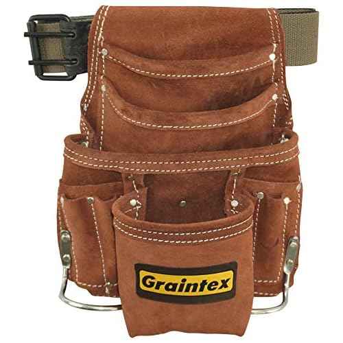 Graintex SS2976 10 Pocket Nail & Tool Pouch Brown Color Suede Leather with 2¡± Leather/Webbing Belt for Constructors, Electricians, Plumbers, Handymen