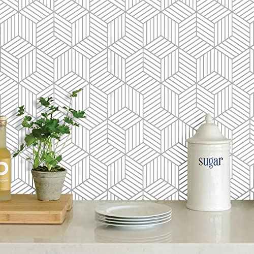 MelunMer White and Silver Peel and Stick Wallpaper Modern 118In L 17.7InW Self Adhesive Removable Wallpaper White Contact Paper for Cabinets Stripe Geometric Contact Paper Hexagon Shelf Liner Vinyl