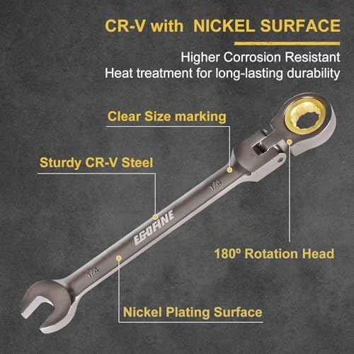 Egofine 1/4 Ratchet Wrench Flex Head, 1/4 Wrench Ratcheting Combination Wrenches SAE, Industrial Grade Gear Spanner with 12 Point Box End, 72-Teeth Ratchet Nickel Plating, Chrome Vanadium Steel