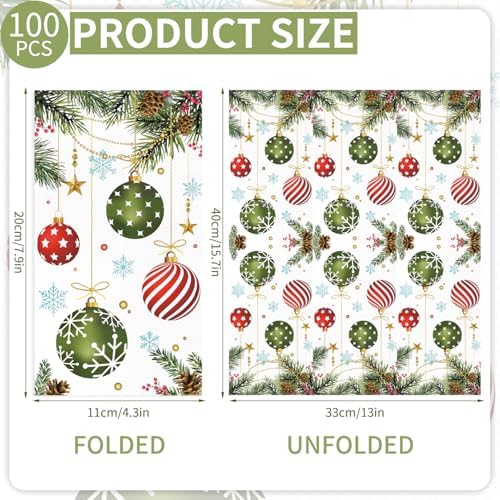 100PCS Christmas Paper Napkins Xmas Hanging Ball Pine Cone Pattern Guest Towel Disposable 3 Ply Tree Ball Hand Napkins for Bathroom Winter Holiday Christmas Cocktail Party Supplies