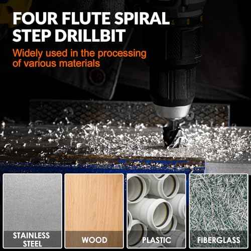 THINKWORK Four Spiral Flute Step Drill Bit, HSS Step Drill Bit3/16-1-3/8 (3 Popular Sizes) Unibit Step Drill Bit, 1/4" Shank Step Bits for Aluminum, Wood, Plastic, Metal