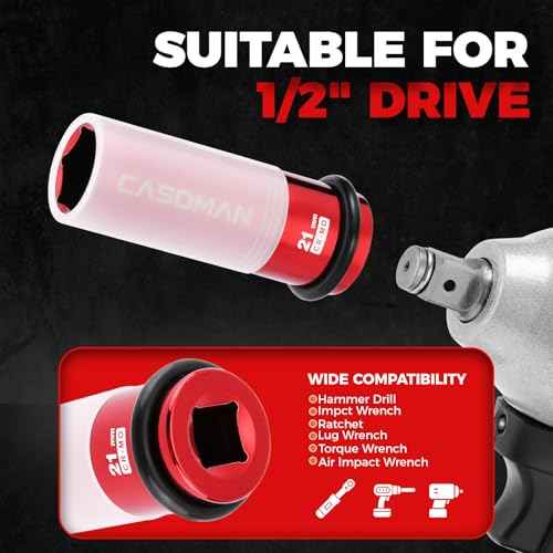 CASOMAN 7PCS 1/2" Drive Deep Lug Nut Impact Socket Set, Non-marring & Thin Wall Wheel Protector, Color-Coded, 85mm Length, 6 Point, Metric, CR-MO