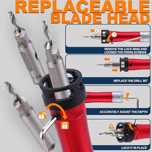 Metal Countersink Drill Bit Set 10-in-1 with Depth Stop, 4 Reversible Heads & Vertical Pilot Adjustable - Hex Shank & Phillips Bit for Hardened Steel/Woodworking, Hex Key & Chamfer Tool Includ