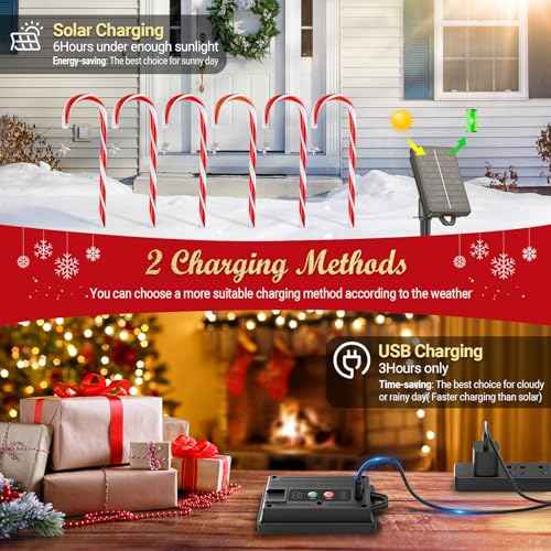 24 Pack Christmas Decorations Outdoor Solar Candy Cane Lights, Solar Christmas Pathway Lights with USB Charge, 10 Modes 144 LEDs Waterproof Outdoor Christmas Decorations for Yard Garden Pathway