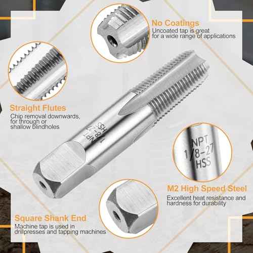 1/8-27 Npt Tap 21/64 Drill Bit, M2(6542) High Speed Steel Tap and Drill Bit Sets for Accurate Threads, Assorted Plumbers Mechanics DIY Thread Cutting Tools