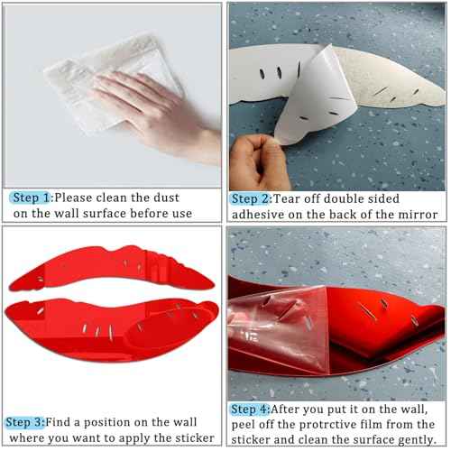 4 Sets 3D Large Lips Mirror Wall Stickers, Kiss Shape Wall Art Decals, Acrylic DIY Self-Adhesive Wallpaper Murals for Bedroom, Living Room, Bathroom Home Decor (2 Pcs Silver and 2 Pcs Red)