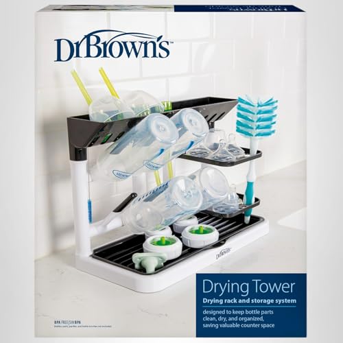 Dr. Brown's Baby Bottle Drying Tower, Stand-Up Countertop Drying Rack with Organized Storage for Baby Essentials, Space Saving Vertical Rack, Black/White